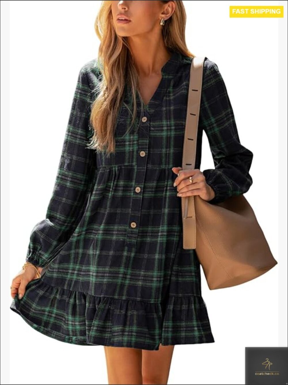 Plaid Ruffle Hem V-Neck Long Sleeve Mini Dress Casual Holiday Tunic Fall